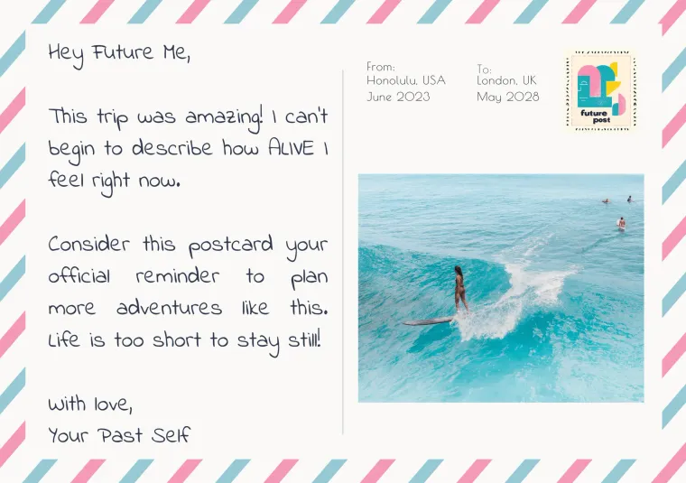 back of a time capsule postcard made with FuturePosts from Honolulu