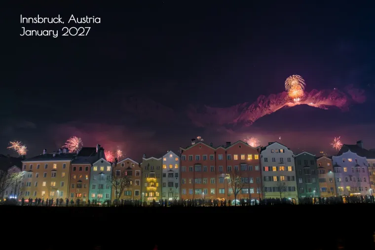 Front of a time capsule postcard made with FuturePosts: New Year's fireworks over Innsbruck, Austria, postmarked January 2027.