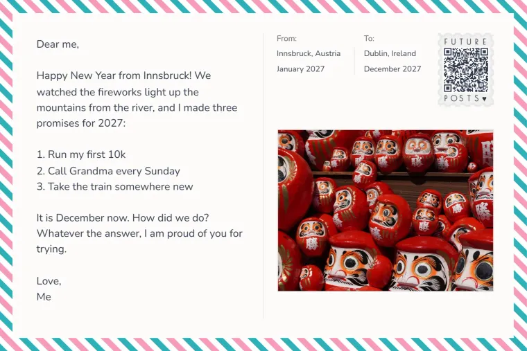 Back of a time capsule postcard made with FuturePosts: a New Year note to future me with three resolutions, sent from Innsbruck in January 2027 to open in December 2027.